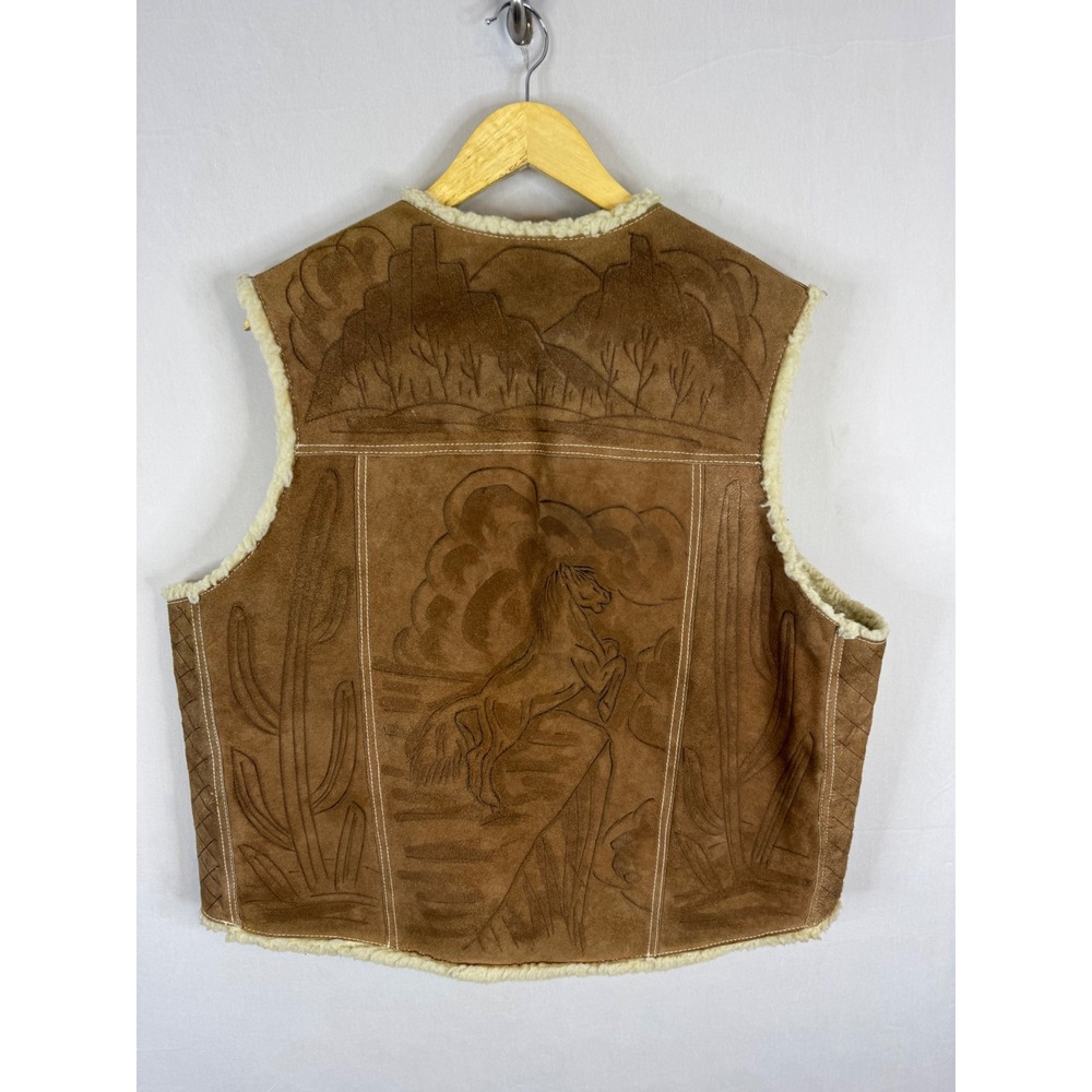 Vintage Western Tooled Leather Horse Vest Brown Suede Faux Shearling Mens L - Picture 2 of 10